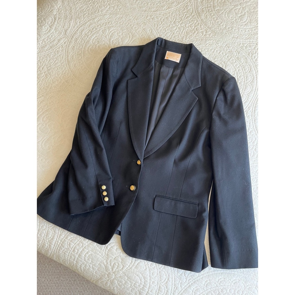 Pendleton Black 100% Wool Blazer Gold Crest Button Women 16 Preppy Work Vintage